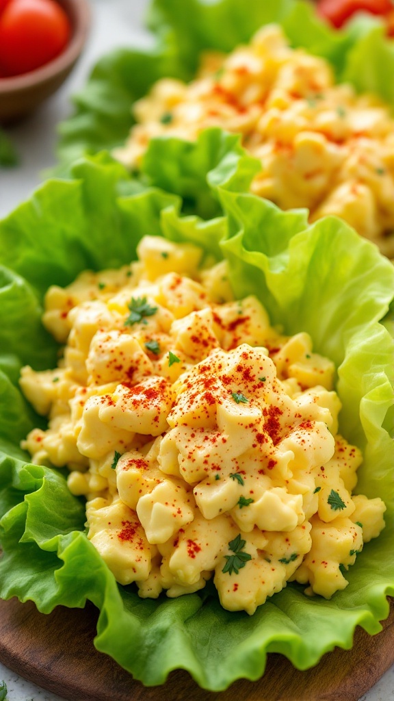 Egg salad served in lettuce wraps, garnished with paprika and parsley