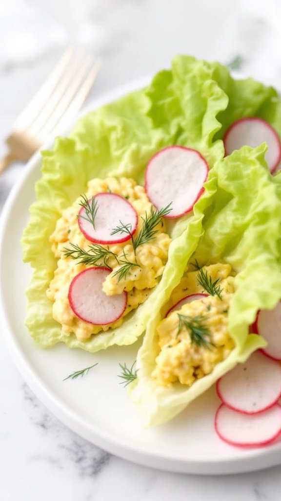 Egg salad served in lettuce wraps with radish slices and dill on top.