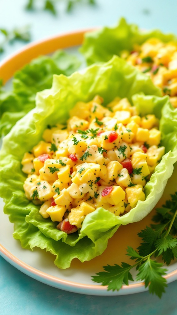 A plate of lettuce cups filled with egg salad and garnished with herbs.