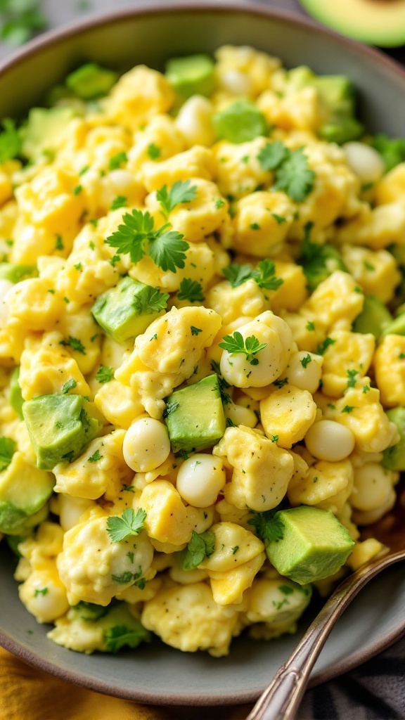 A bowl of egg salad with avocado, garnished with fresh herbs.