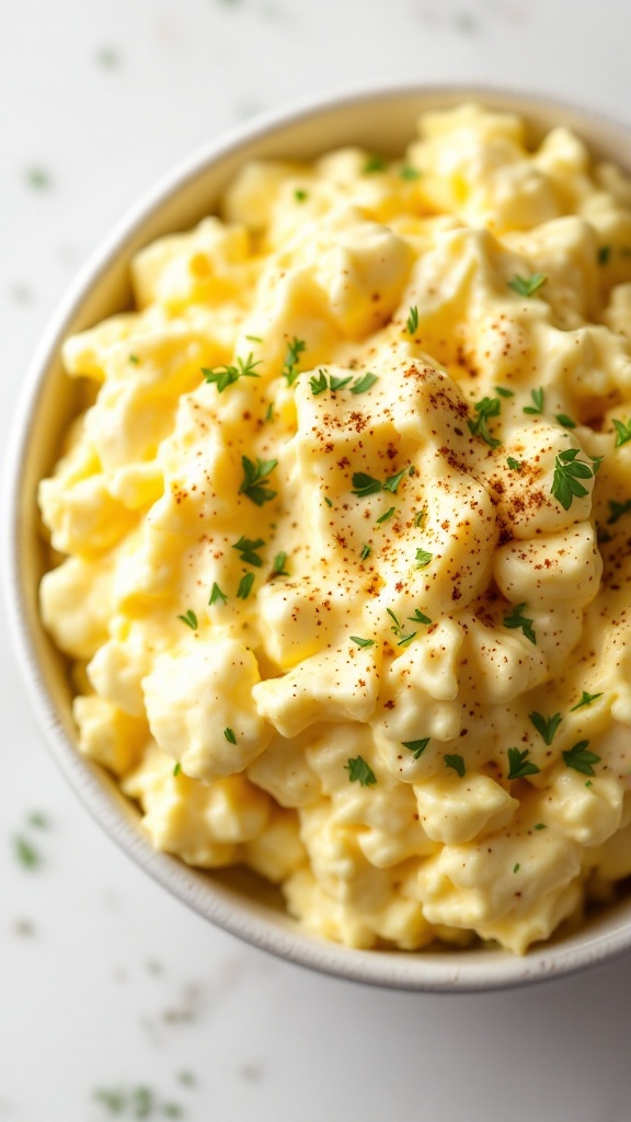 A bowl of creamy egg salad garnished with parsley