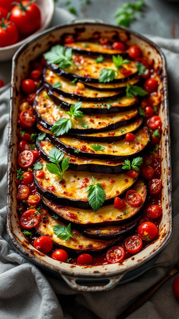 A delicious eggplant and tomato bake with layers of roasted eggplant, cherry tomatoes, and fresh herbs.