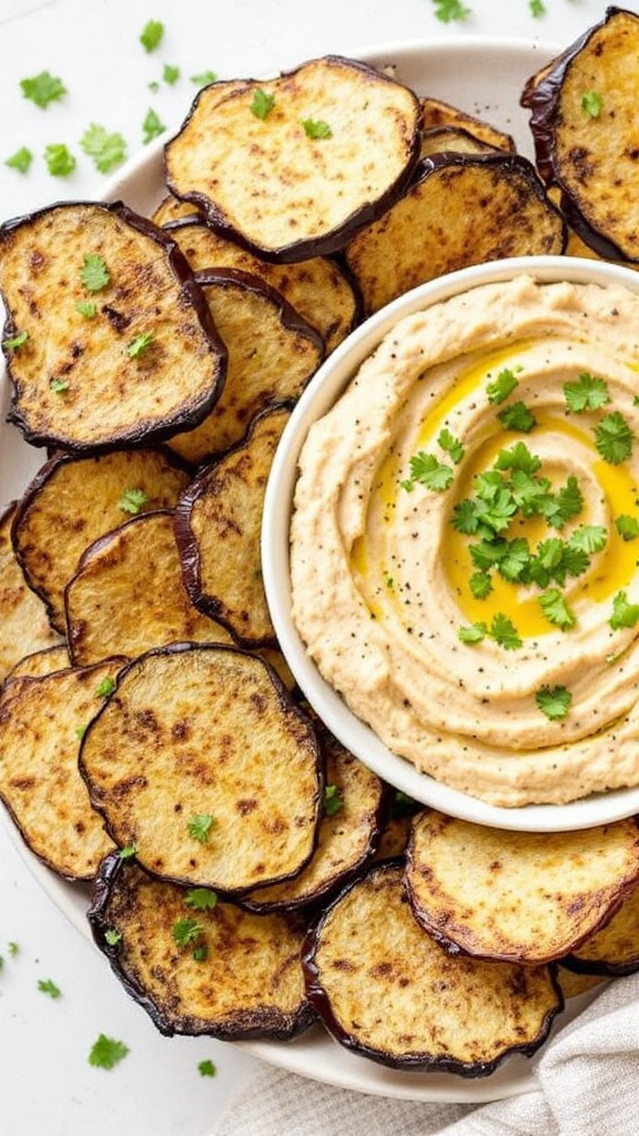 A plate of eggplant chips surrounding a bowl of hummus garnished with olive oil and herbs.