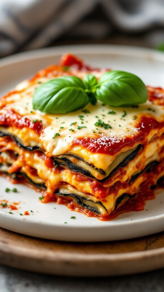 A serving of eggplant lasagna topped with fresh basil on a white plate.