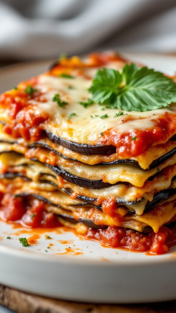 Layers of eggplant lasagna topped with marinara sauce and cheese, garnished with a sprig of parsley.