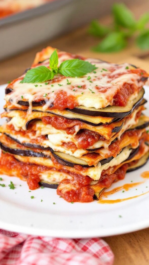 A stack of eggplant lasagna topped with cheese and basil