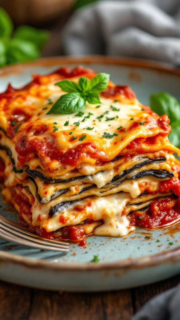 A serving of eggplant lasagna with ricotta, topped with fresh basil leaves and served on a blue plate.