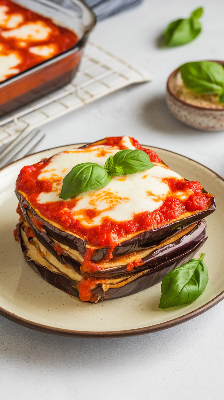 A delicious stack of Eggplant Parmesan topped with marinara sauce and fresh basil.