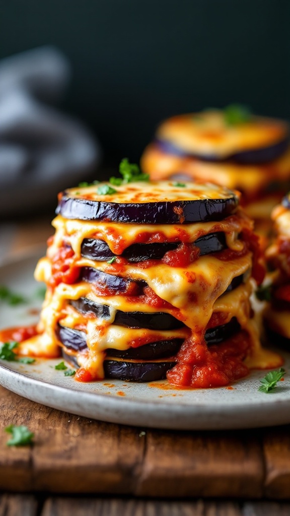 Delicious eggplant parmesan stacks with marinara sauce and melted cheese