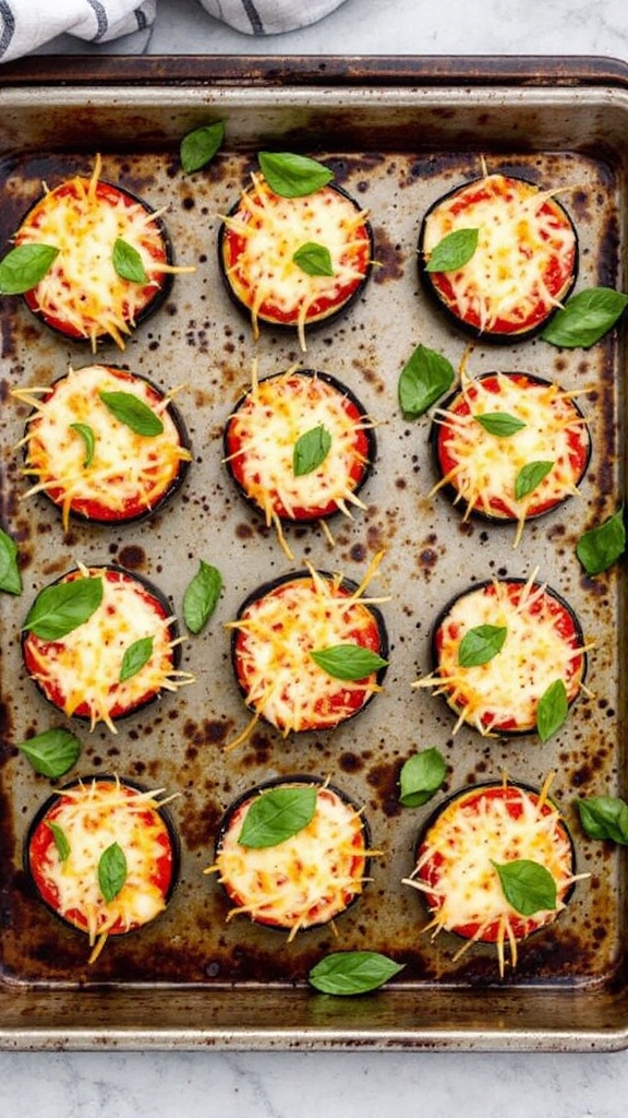 A tray of eggplant pizza bites topped with cheese and basil