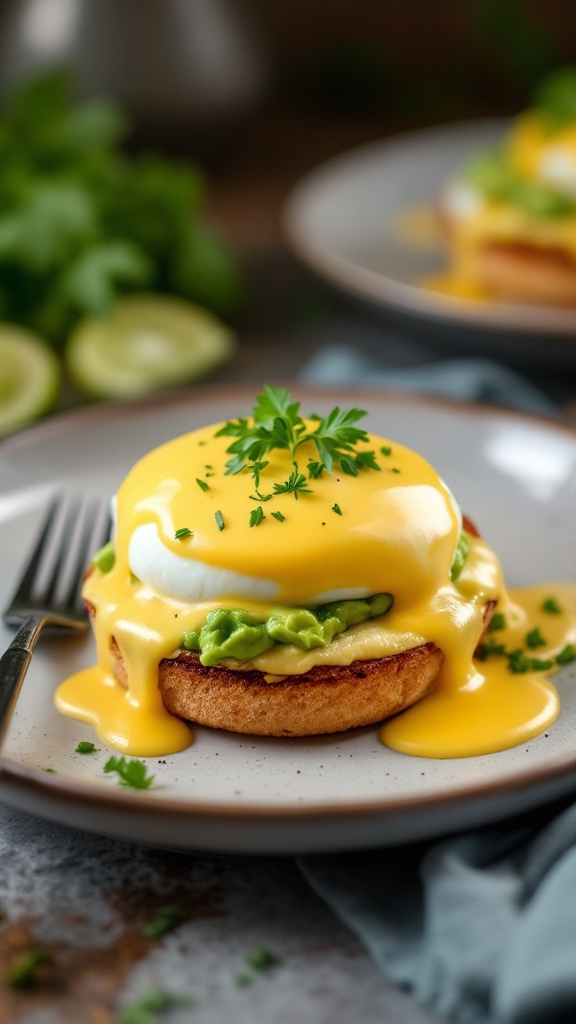 A plate of Eggs Benedict with avocado, featuring a poached egg on a toasted English muffin, topped with hollandaise sauce and fresh herbs.