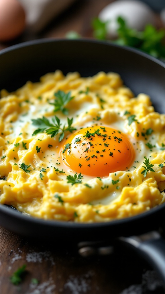 A skillet with creamy scrambled eggs topped with a sunny-side-up egg and fresh herbs.