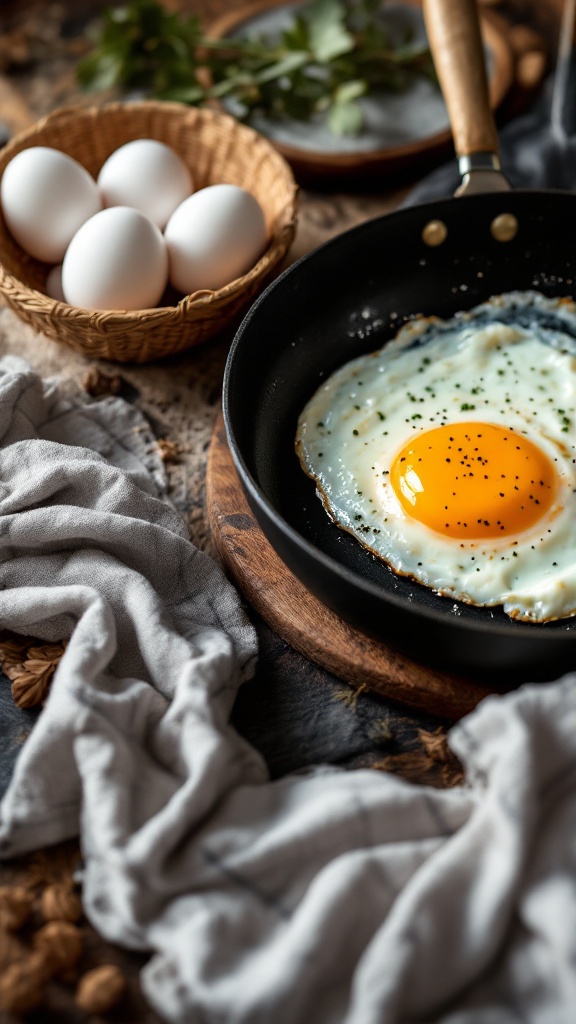 Fried egg in a skillet with fresh eggs in a basket beside it