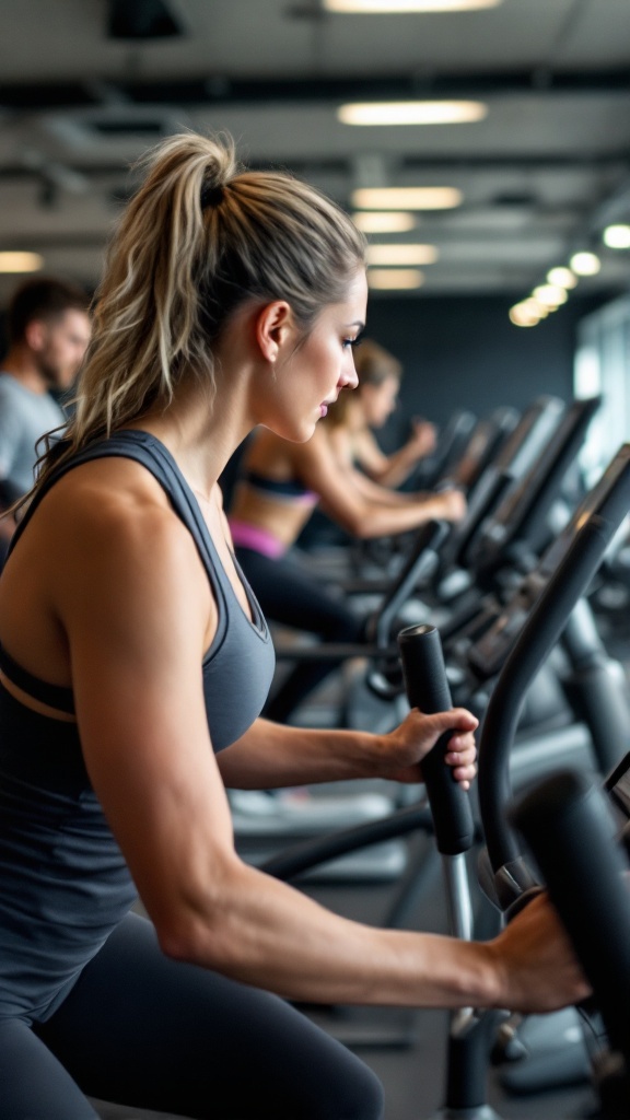 A woman using an elliptical trainer at the gym, focused on her workout among other gym-goers.