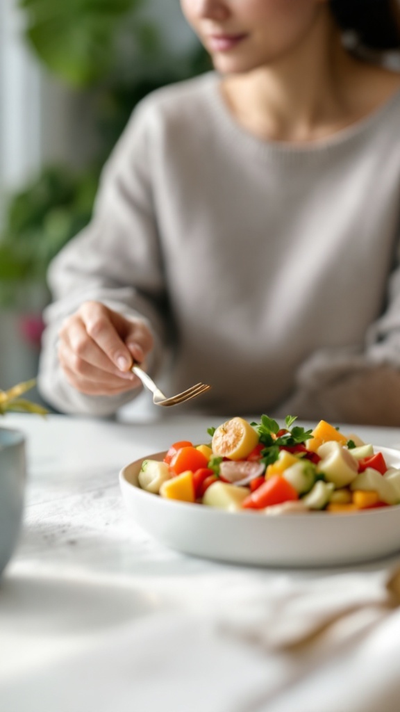 A person enjoying a colorful salad while practicing mindful eating.