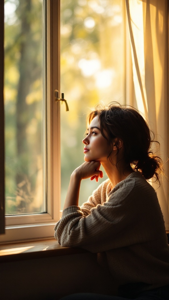 A person looking thoughtfully out the window, suggesting reflection and emotional awareness.