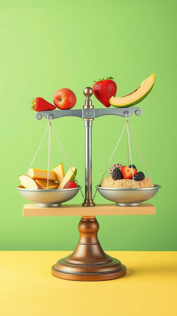 A balance scale with fresh fruits on one side and a dessert on the other.