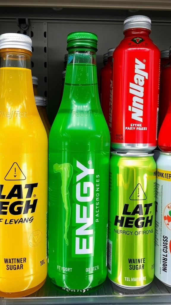 A shelf filled with colorful energy drinks, including a green bottle labeled '1 ENEGY'.