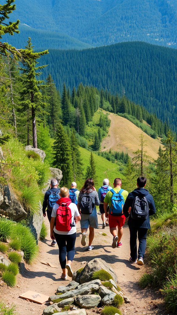 A group of hikers walking along a mountain trail with lush green trees and hills in the background.