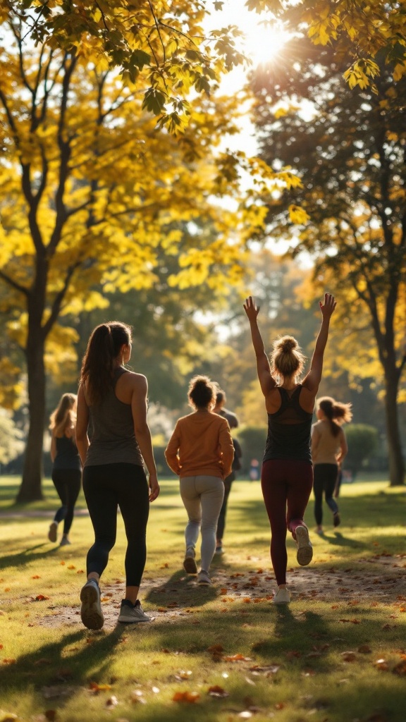 A group of women jogging in a park during autumn.