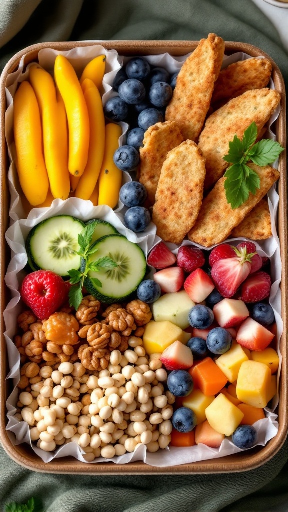 A colorful assortment of healthy snacks including bananas, blueberries, strawberries, cucumber, nuts, and cheese cubes in a compartmentalized box.