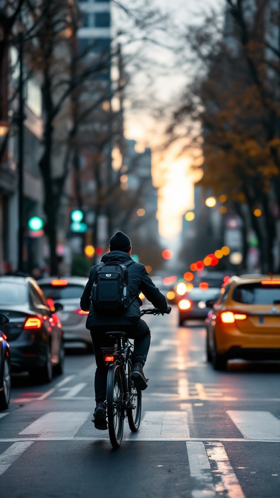 A cyclist commuting through city streets during sunset, surrounded by cars.