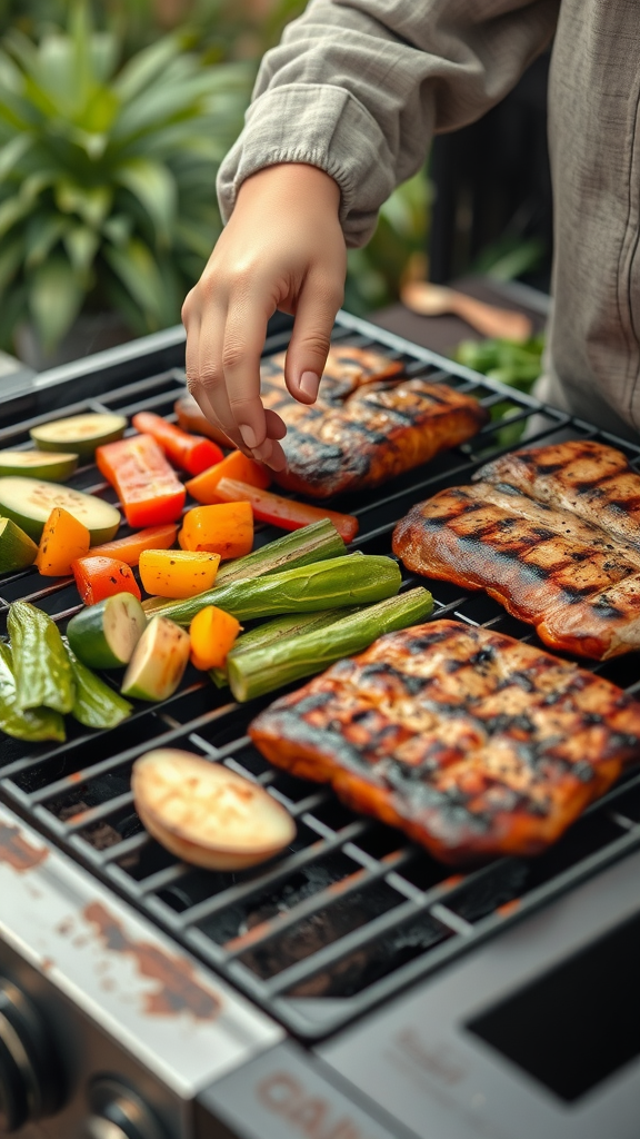 A hand adjusting colorful vegetables and grilled protein on a barbecue grill.