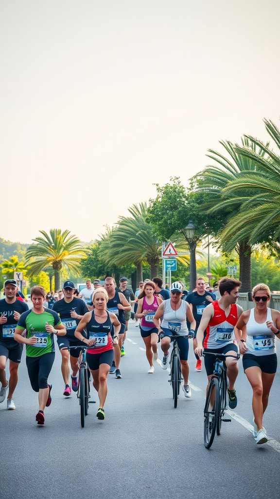 Participants running and biking in a road race with palm trees lining the route.