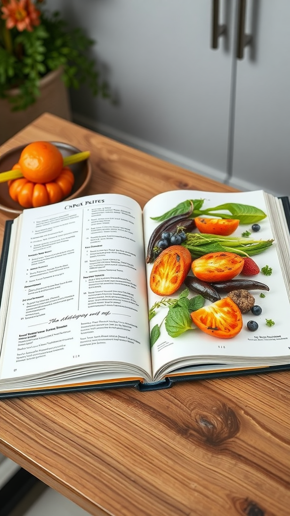 An open cookbook with fresh fruits and leaves on the page, placed on a wooden table.