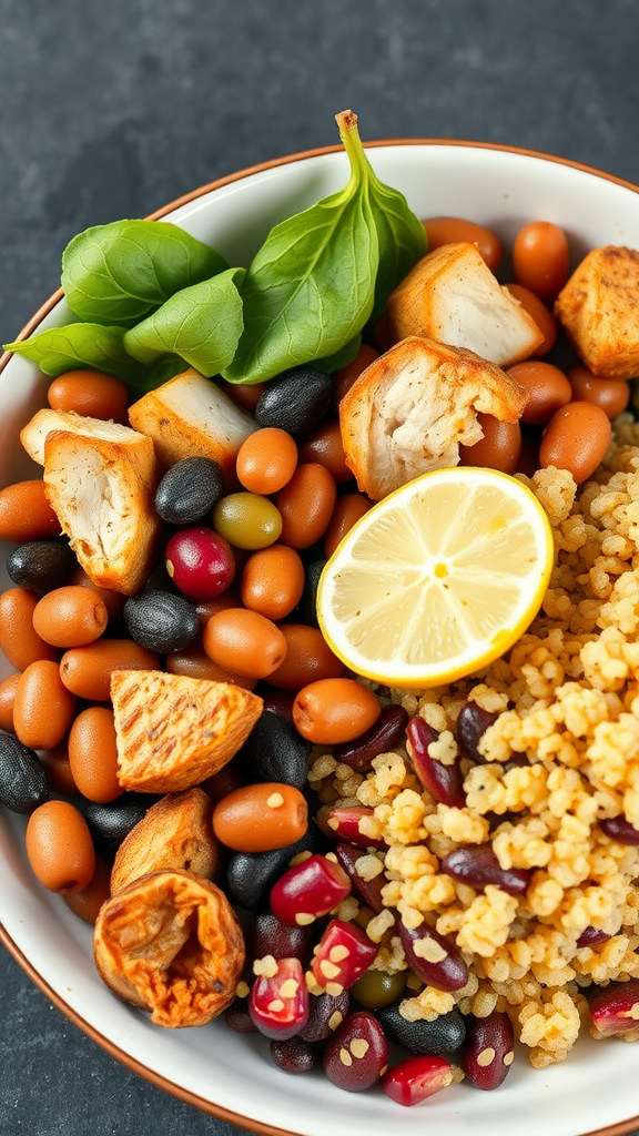 A colorful bowl filled with grilled chicken, beans, spinach, and lemon