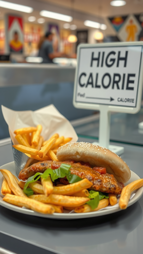 A plate of high-calorie fast food, featuring a burger and fries, with a sign indicating high calorie content.