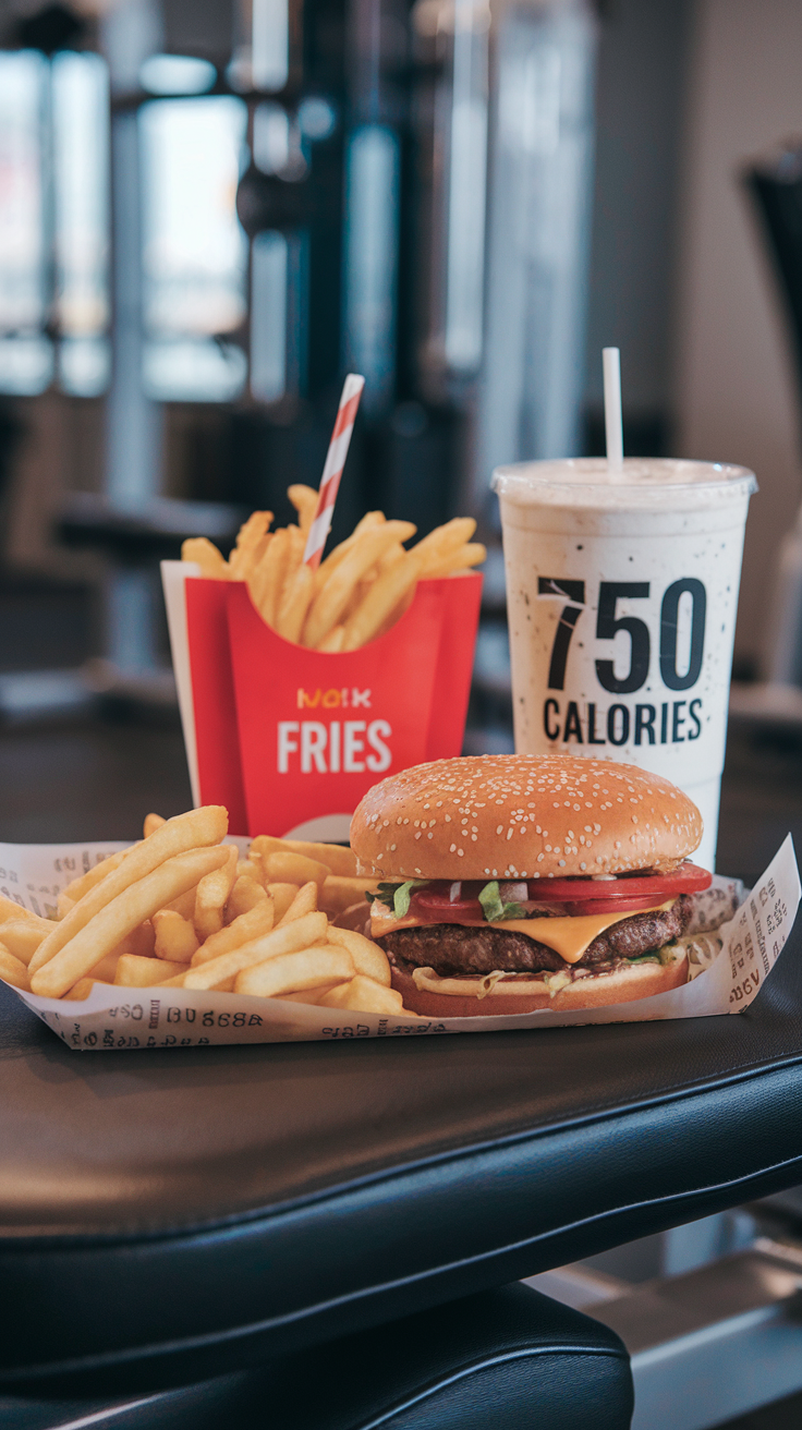 A fast food meal including a burger, fries, and a high-calorie drink placed on a gym bench.