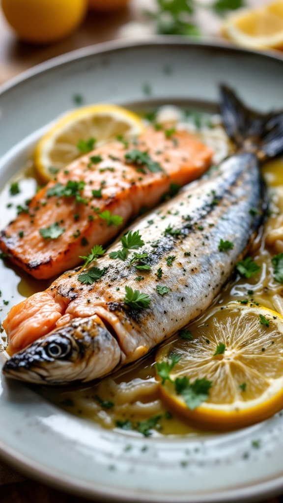 A plate featuring grilled salmon and mackerel fillets garnished with herbs and lemon slices.