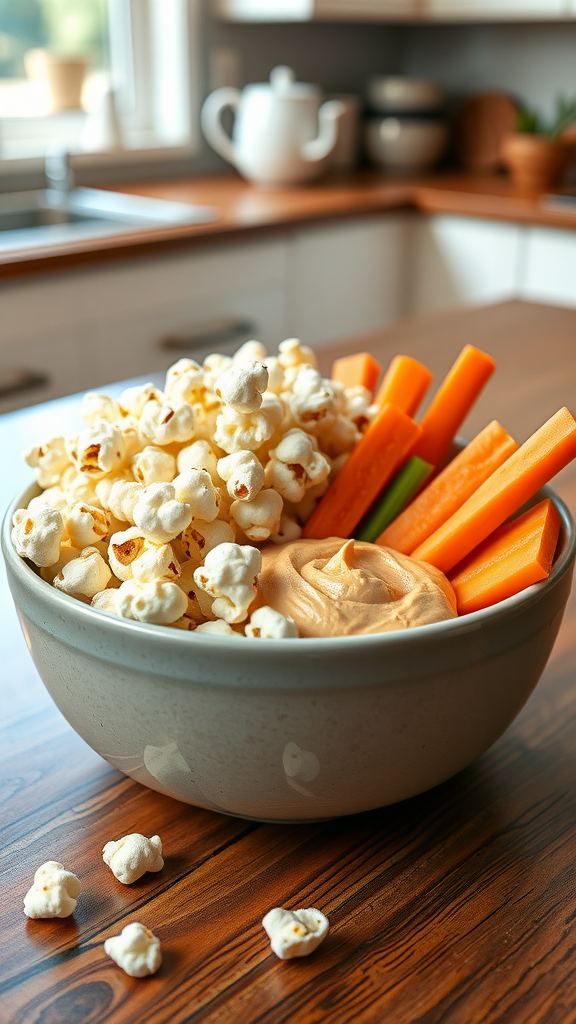 A bowl filled with popcorn, carrot sticks, celery, and a creamy dip on a wooden table.