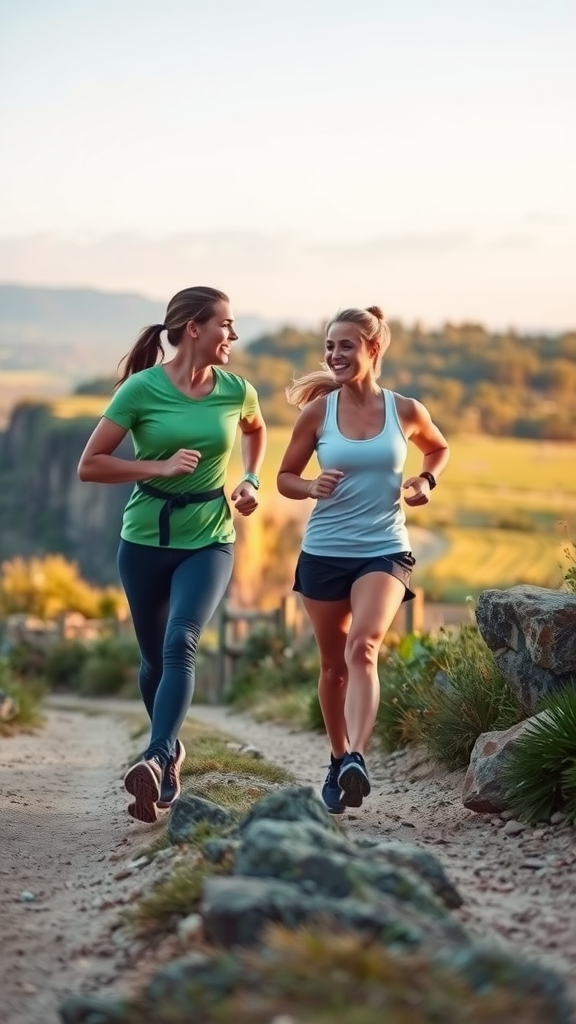 Two women jogging together on a scenic trail, smiling and enjoying their workout.