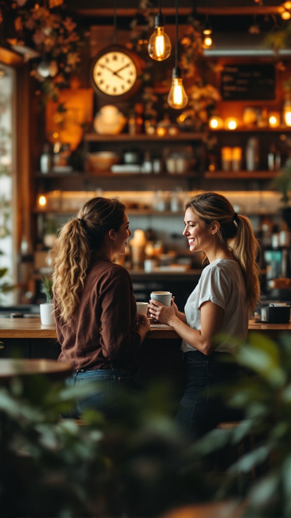 Two women chatting and smiling in a cozy café, enjoying coffee and building a strong connection.