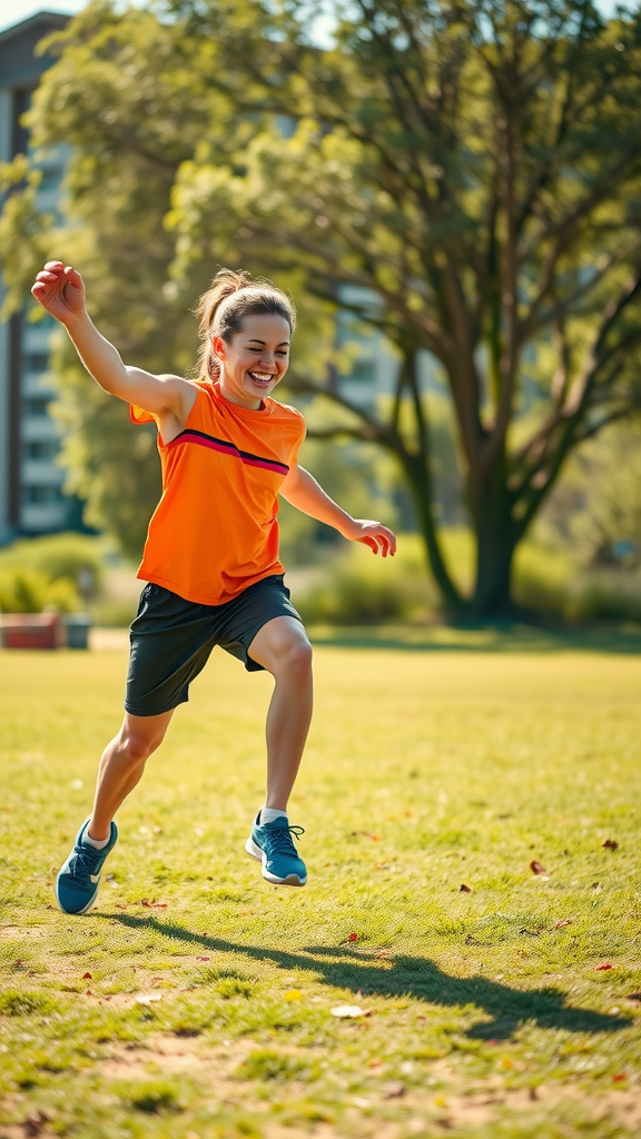 A young woman in an orange top joyfully jumping in a sunny park.