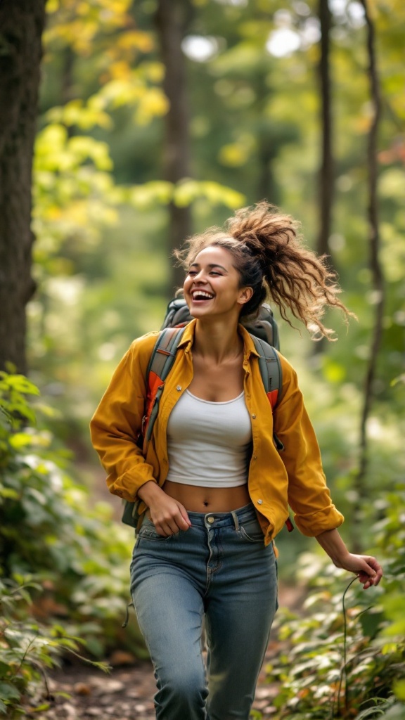 A woman smiling while hiking in a forest, wearing a yellow jacket and a backpack.