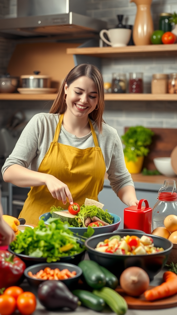 A person with a yellow apron joyfully preparing fresh vegetables in a bright kitchen.