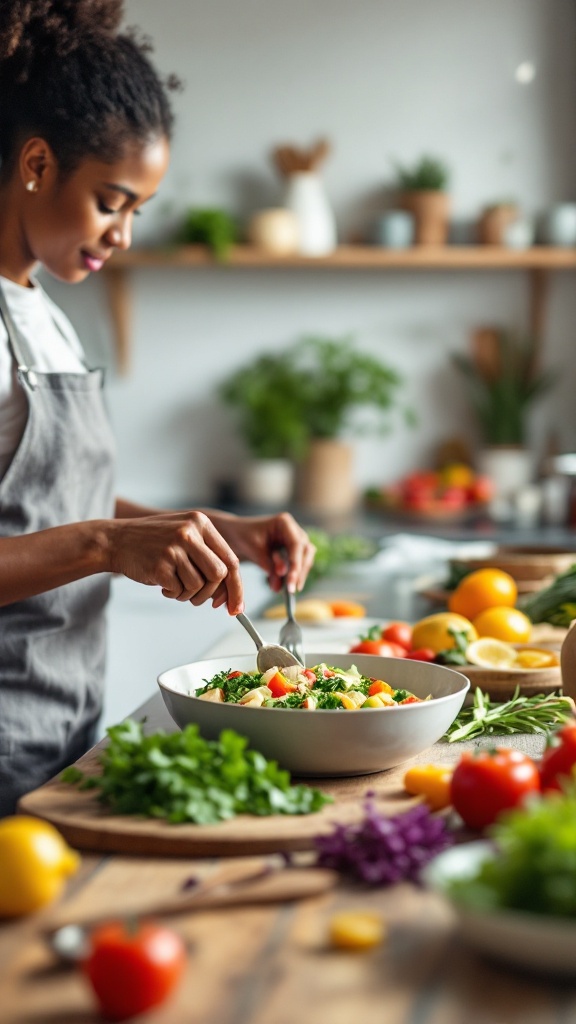 A woman preparing a fresh salad in a well-lit kitchen, surrounded by colorful vegetables and herbs.