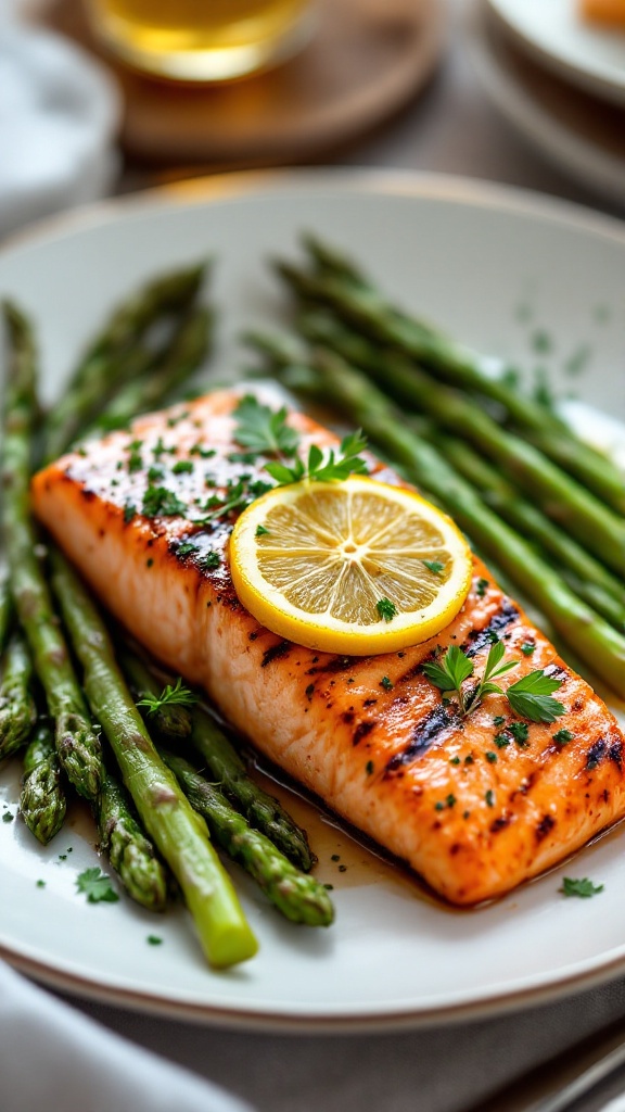 A plate of grilled salmon with lemon and asparagus.