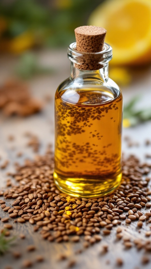 A bottle of flaxseed oil surrounded by flaxseeds on a wooden table