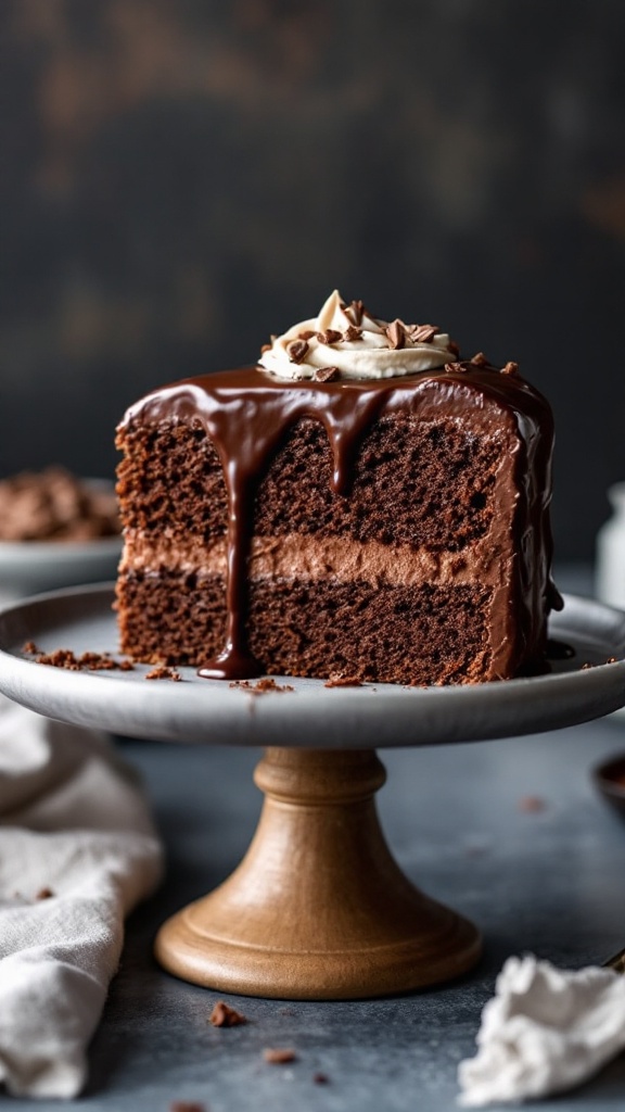 A slice of fluffy keto chocolate cake with chocolate icing and whipped cream on top