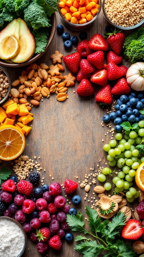 A colorful assortment of fruits, vegetables, nuts, and seeds displayed on a wooden surface, emphasizing nutrient-dense foods.