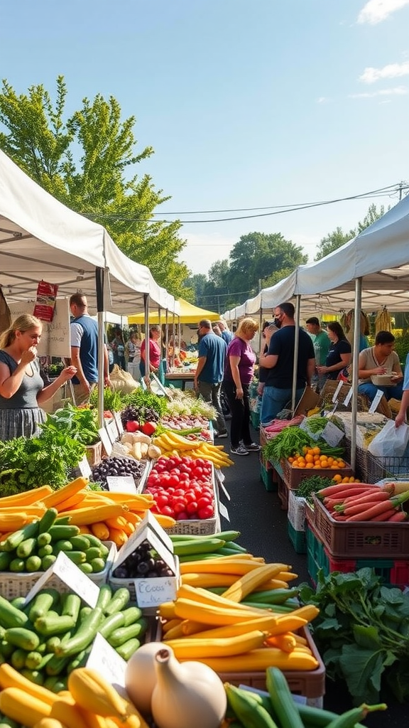 A bustling farmers' market with various fresh vegetables and fruits.