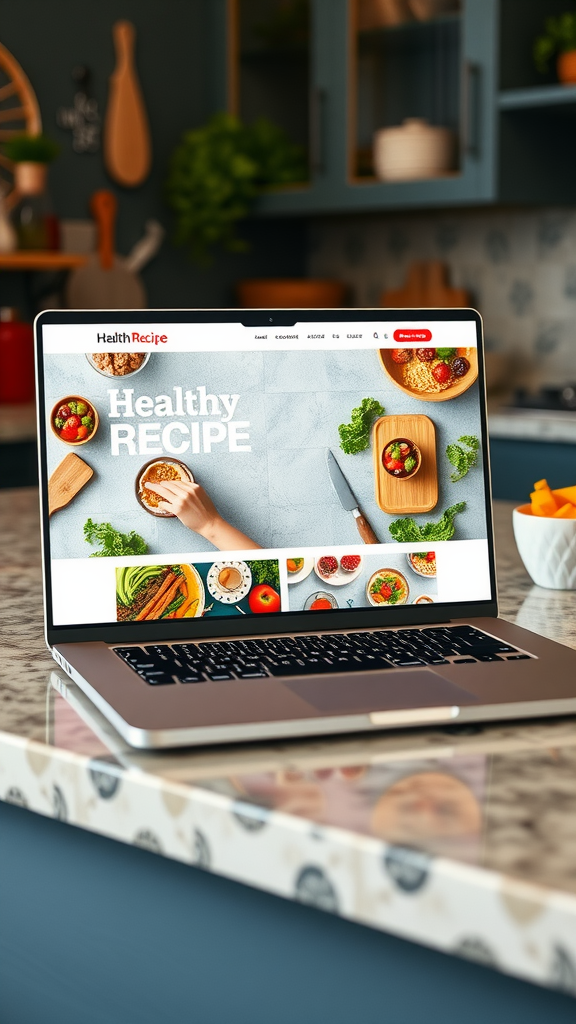 A laptop showing a healthy recipe website in a bright kitchen