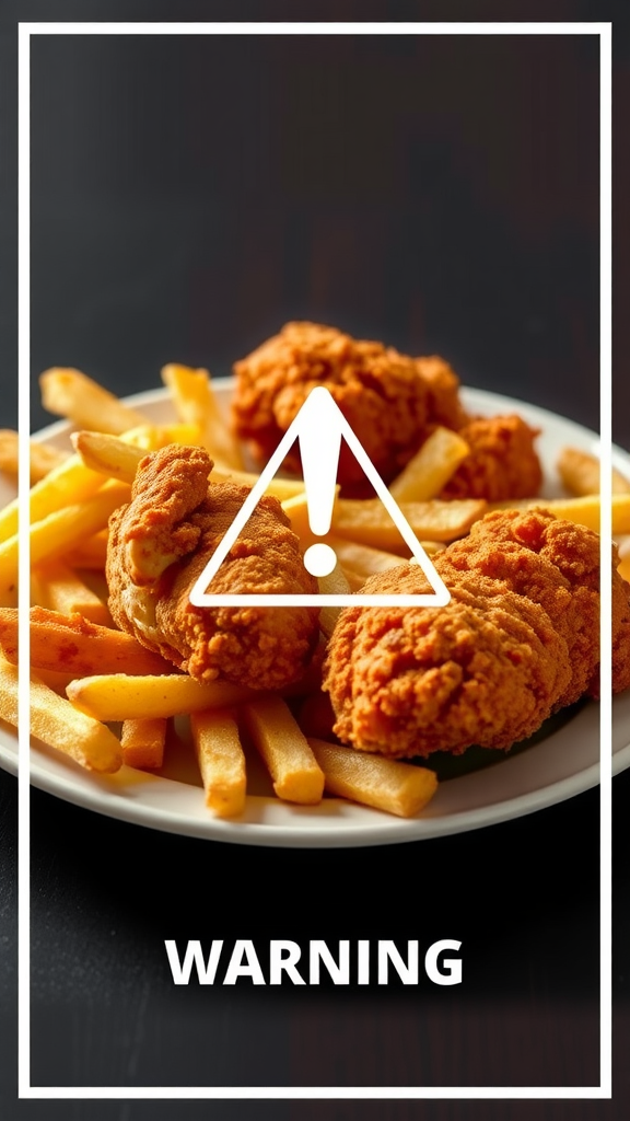 A plate of fried chicken and fries with a warning sign