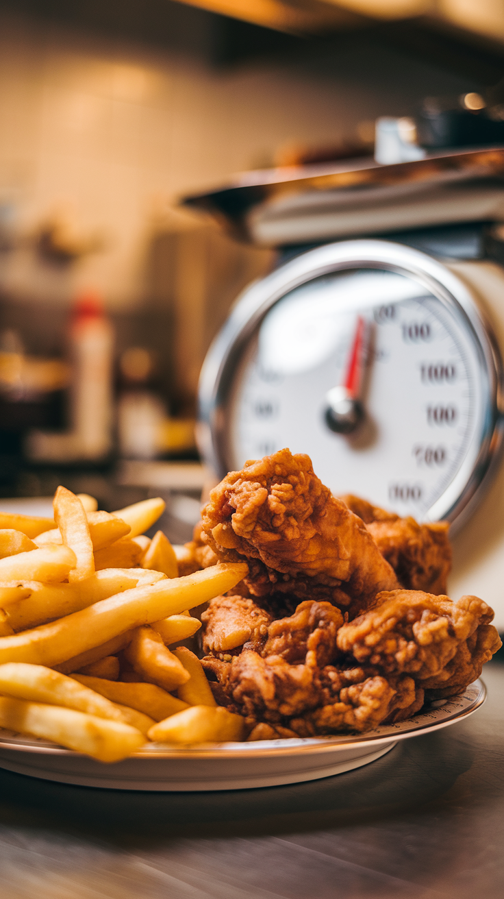 A plate of fried chicken and fries beside a kitchen scale