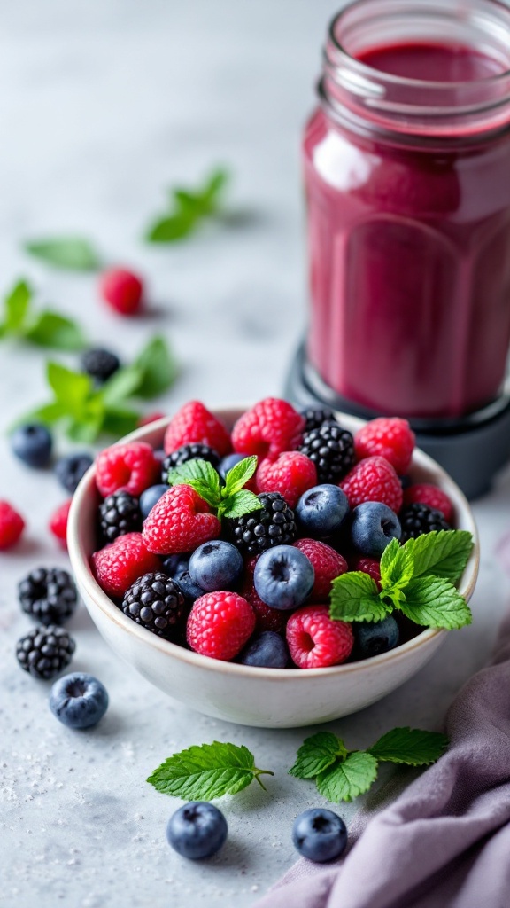 A bowl of mixed frozen berries with mint leaves, next to a jar of smoothie.