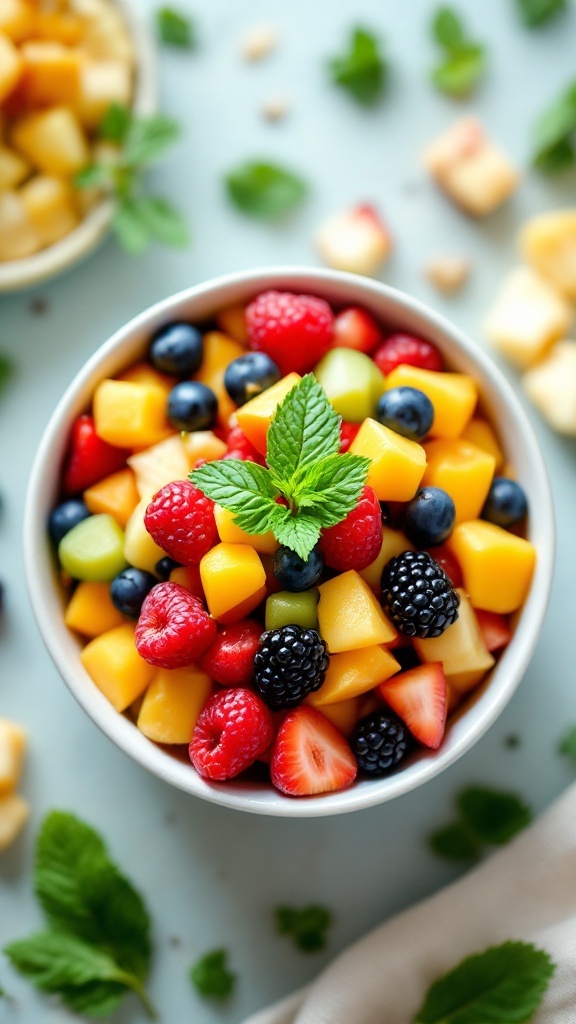 A colorful fruit salad featuring various fruits like berries and mangoes topped with fresh mint leaves.